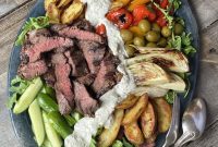 California Steak Salad with Garlic Dressing and Olives