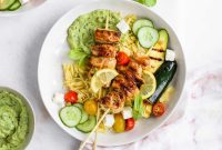 Lemon Garlic Chicken Skewer Bowls with Orzo and Green Goddess Sauce