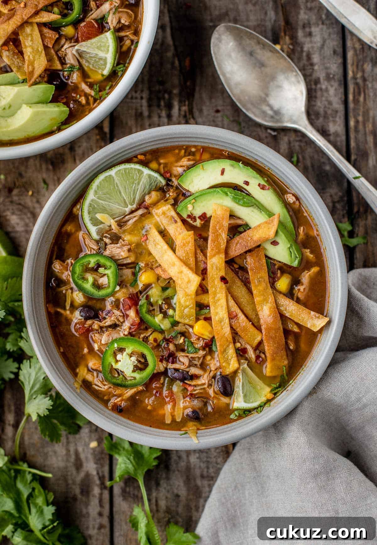 A bowl of Smoked Chicken Tortilla Soup topped with crunchy tortilla strips and avocado 