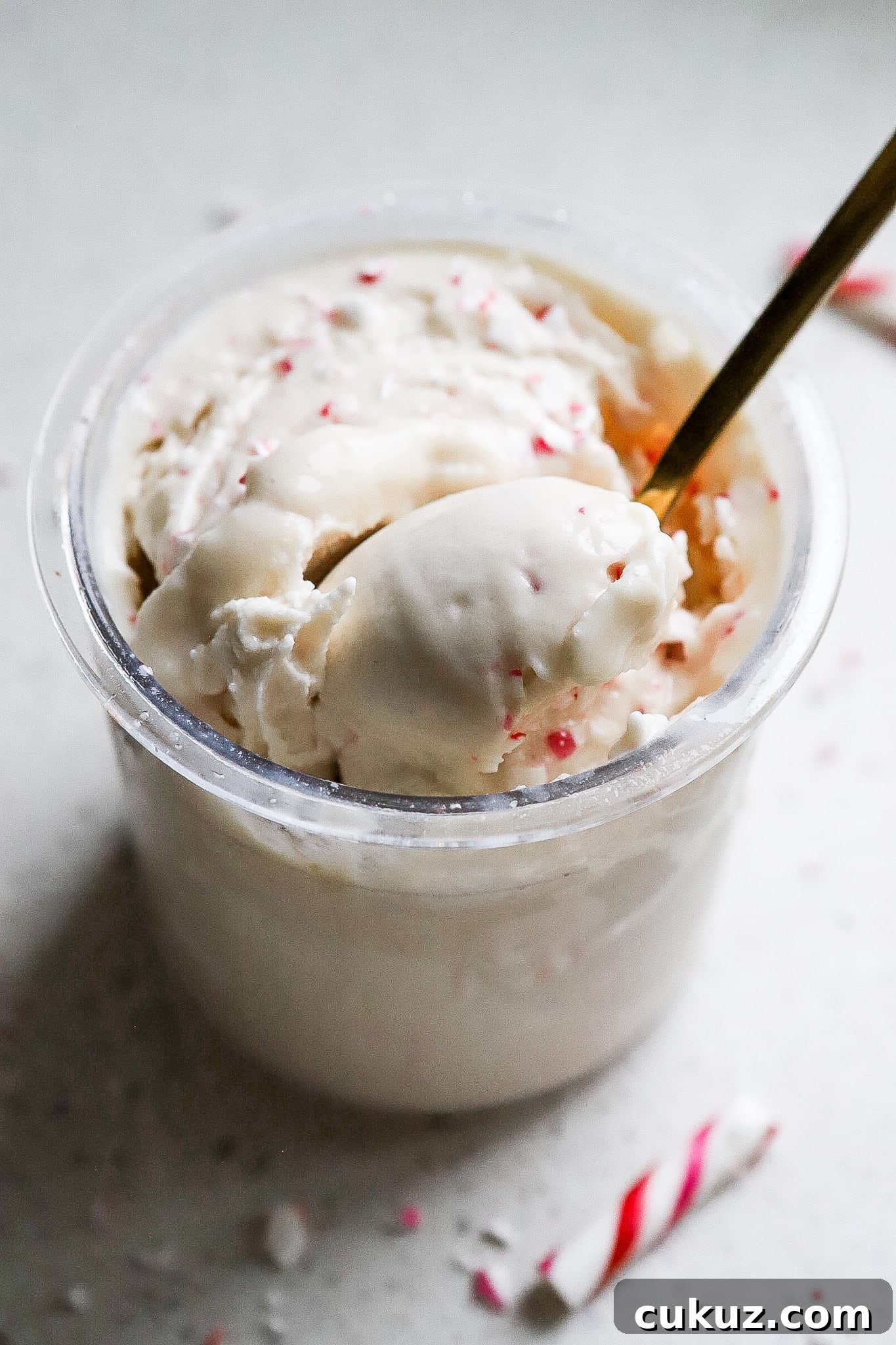 Side angle of spoonful of holiday dessert in ninja creami pint container with crushed candy canes on top.