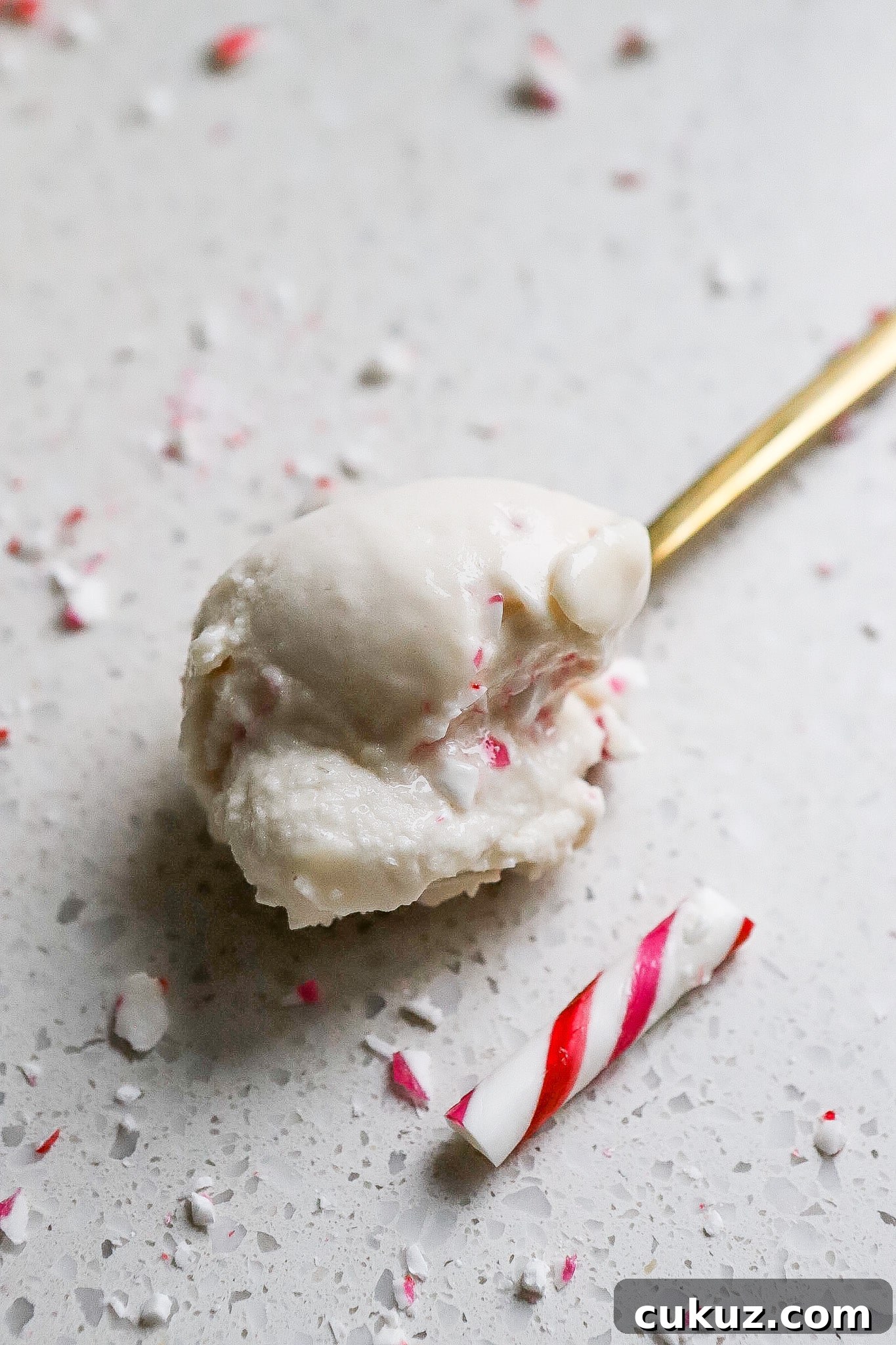 Side angle of a spoonful of holiday ice cream with a candy cane in front.
