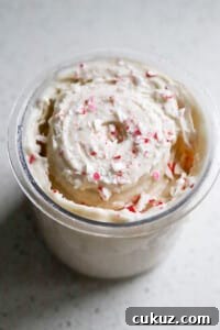 Side angle of peppermint protein ice cream in ninja creami pint with peppermint candies on top.