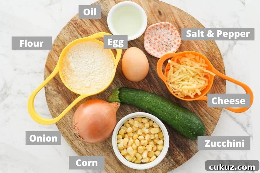 ingredients for fritters on a wooden platter.