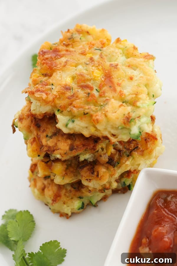 fritters stacked on top of each other on a white plate.