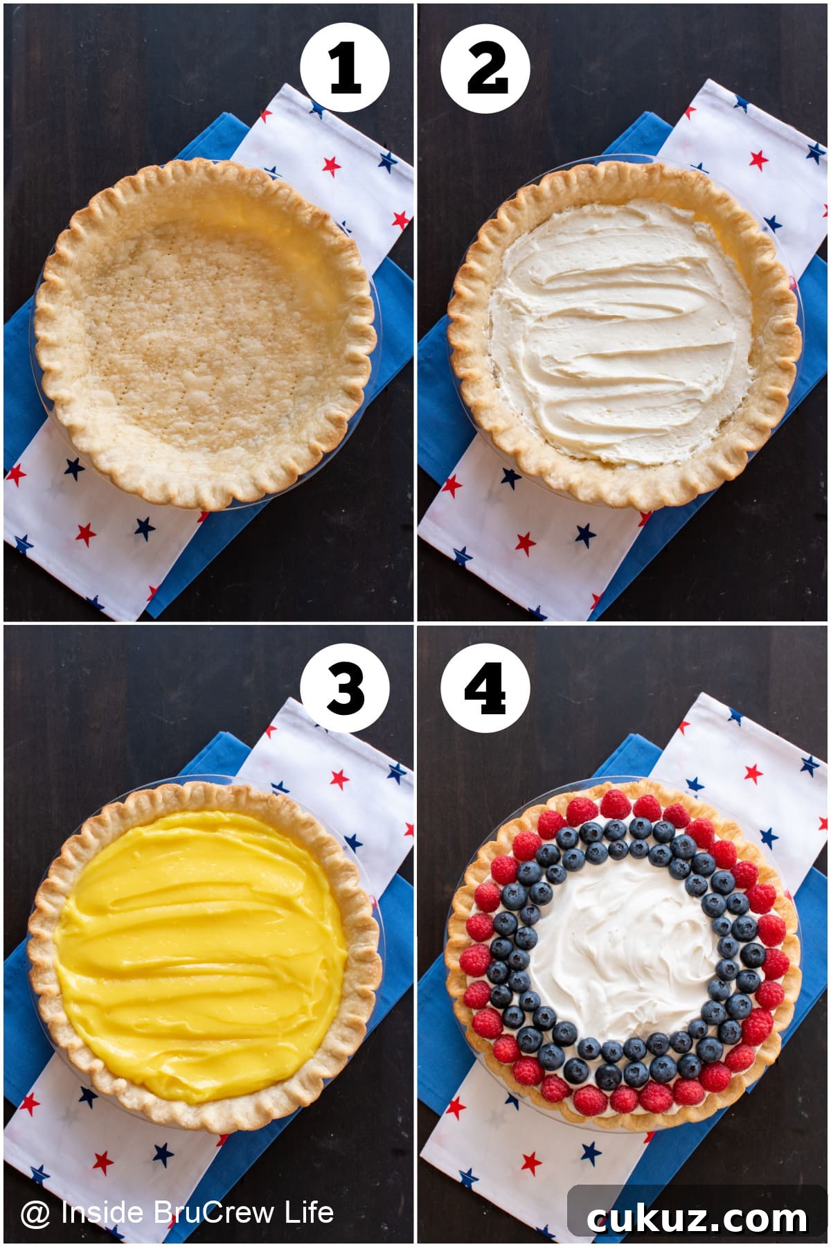 Four pictures collaged together showing how to fill a pie crust.