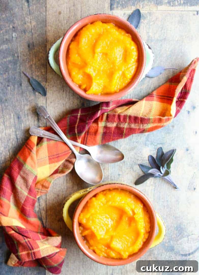 Creamy Roasted Butternut Squash Mash Recipe 4 2 bowls of mashed butternut squash with two spoons and a plaid napkin