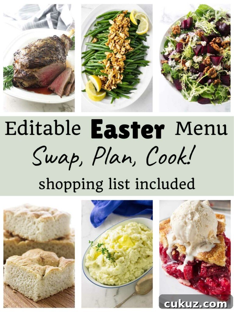 A collage of six photos showing recipes for an Easter menu with leg of lamb.