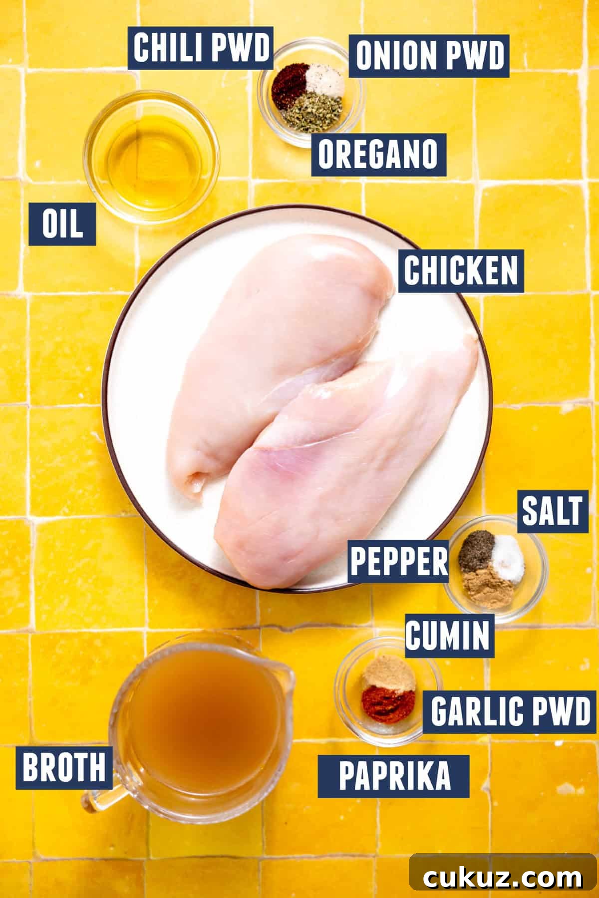 Ingredients needed to make chicken tacos.