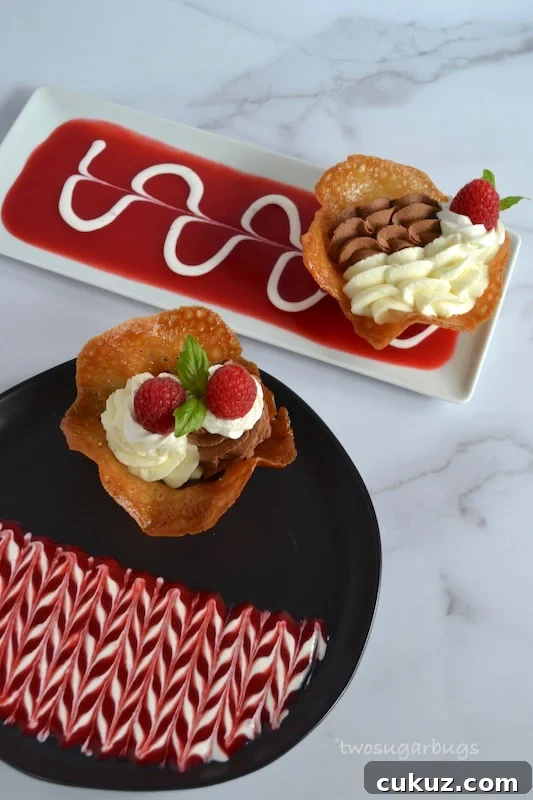 White and dark chocolate mousse in ginger tulip cups. An impressive, yet approachable dessert you can make at home to top off a special meal. #twosugarbugs #chocolatemousse #chocolate #valentinestreat