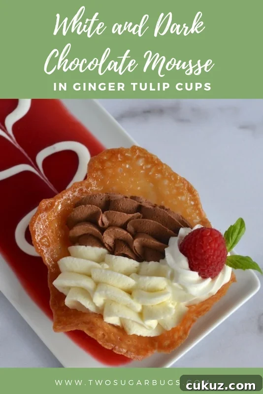 White and dark chocolate mousse in ginger tulip cups. An impressive, yet approachable dessert you can make at home to top off a special meal. #twosugarbugs #chocolatemousse #chocolate #valentinestreat