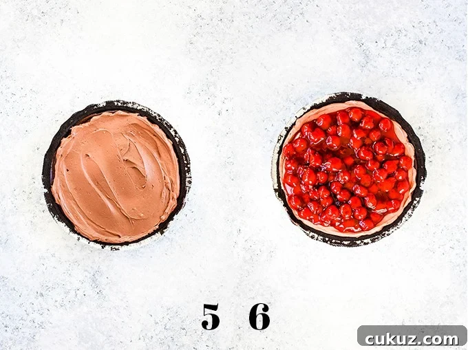My Black Forest No Bake Cheesecake takes just 10 minutes to prepare and is an absolute must for chocolate lovers! How to create Black Forest No Bake Cheesecake, steps 5-6.