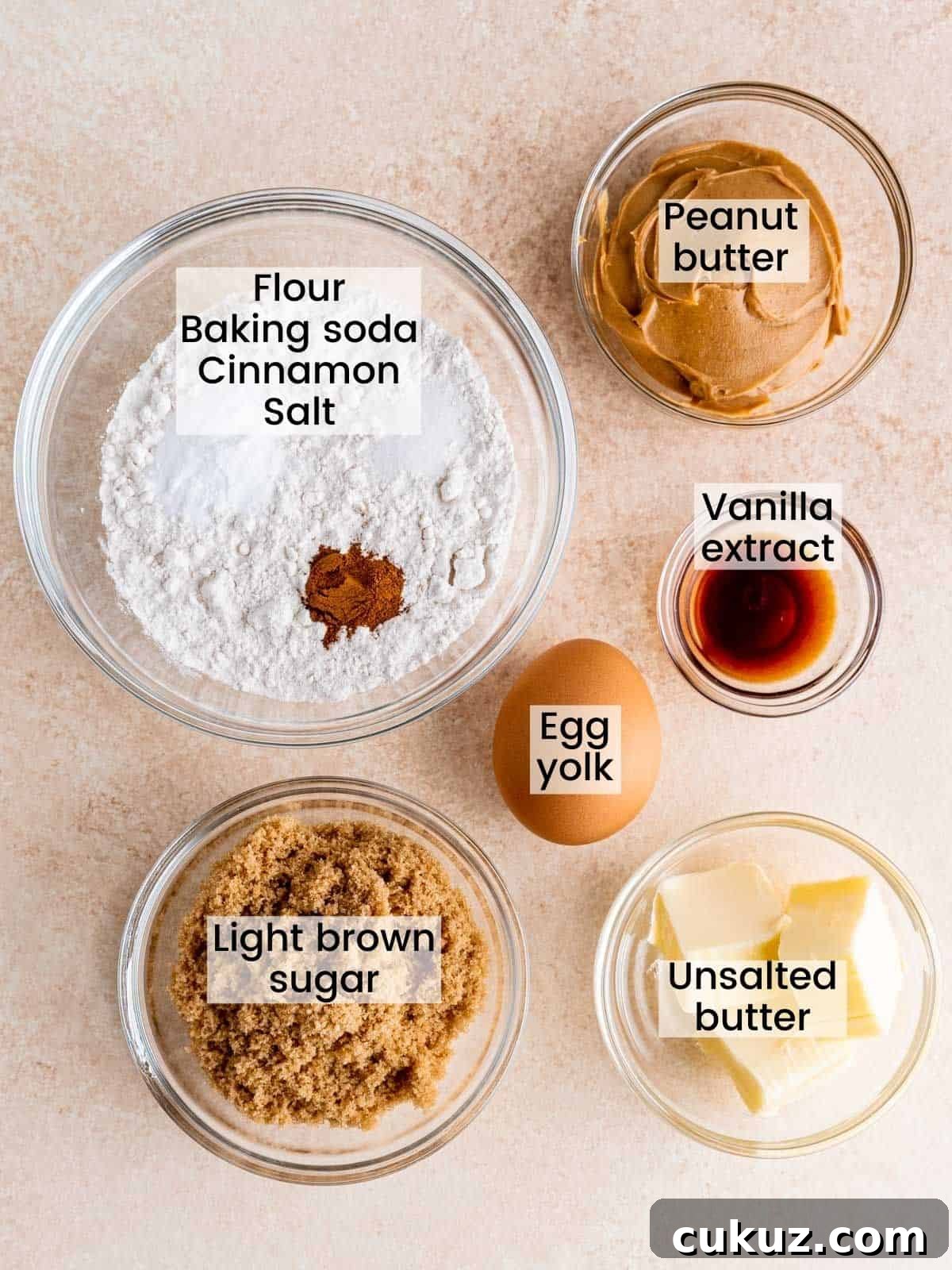 Ingredients needed to make a small batch of peanut butter cookies.