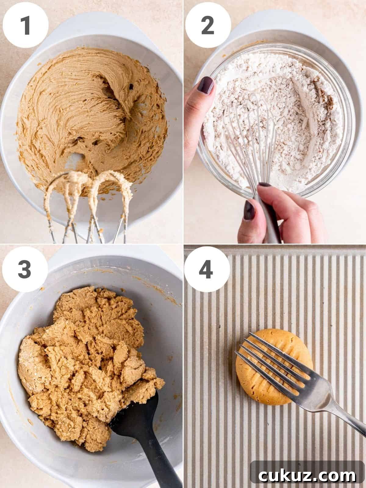 Collage showing the steps of making peanut butter cookies.