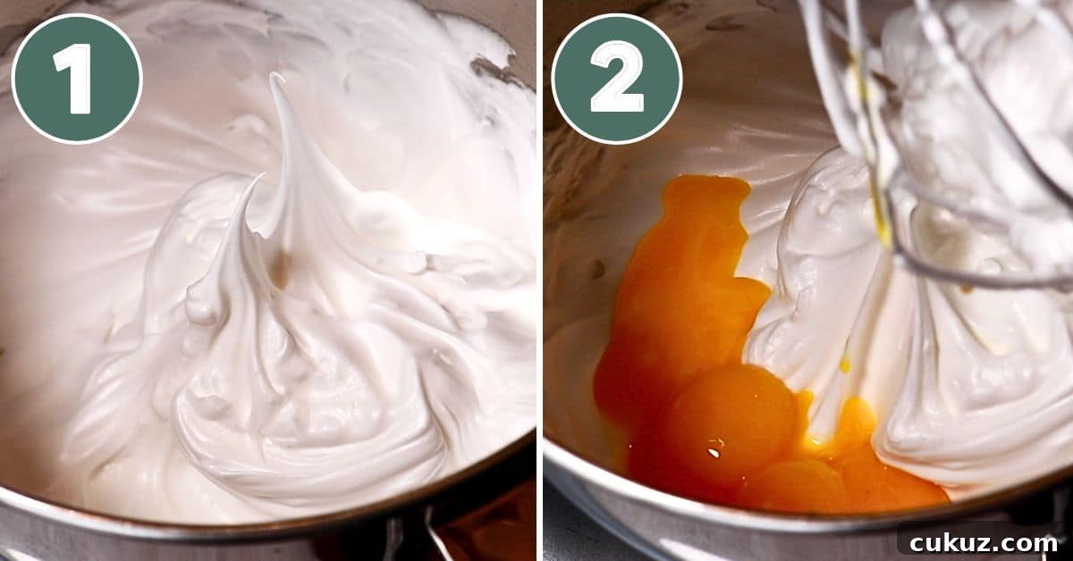 steps for making the meringue and adding egg yolks