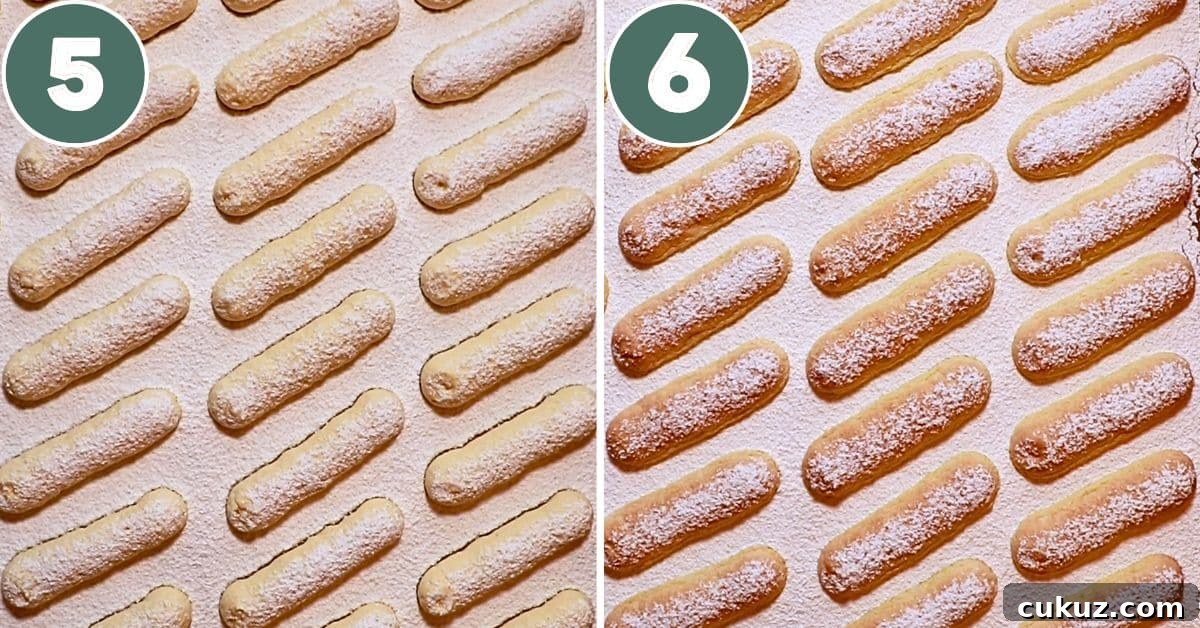 steps for dusting powdered sugar and baking ladyfingers