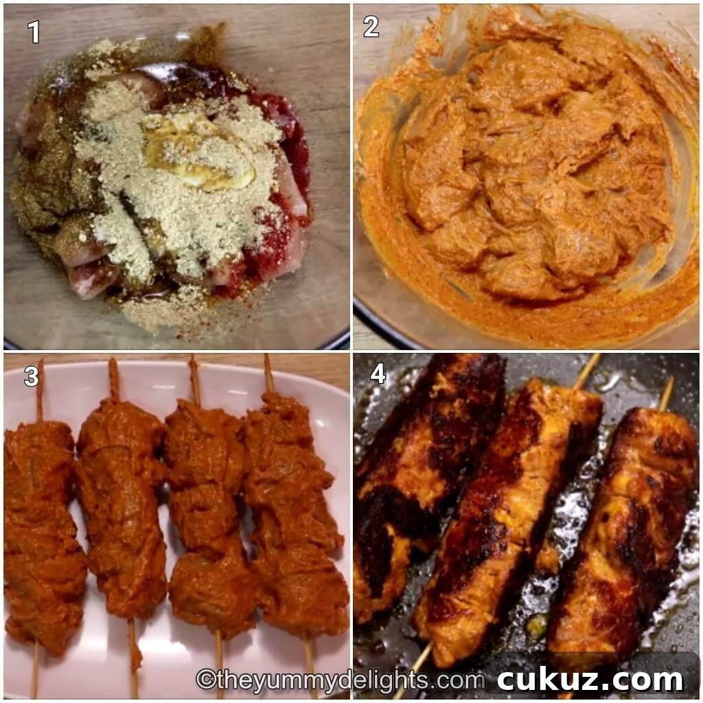 Chicken Boti Kabab Recipe: Tender Grilled Boti Kebab Guide 3 image collage of 4 steps showing how to make chicken boti kabab. It shows marinating the chicken and cooking it.