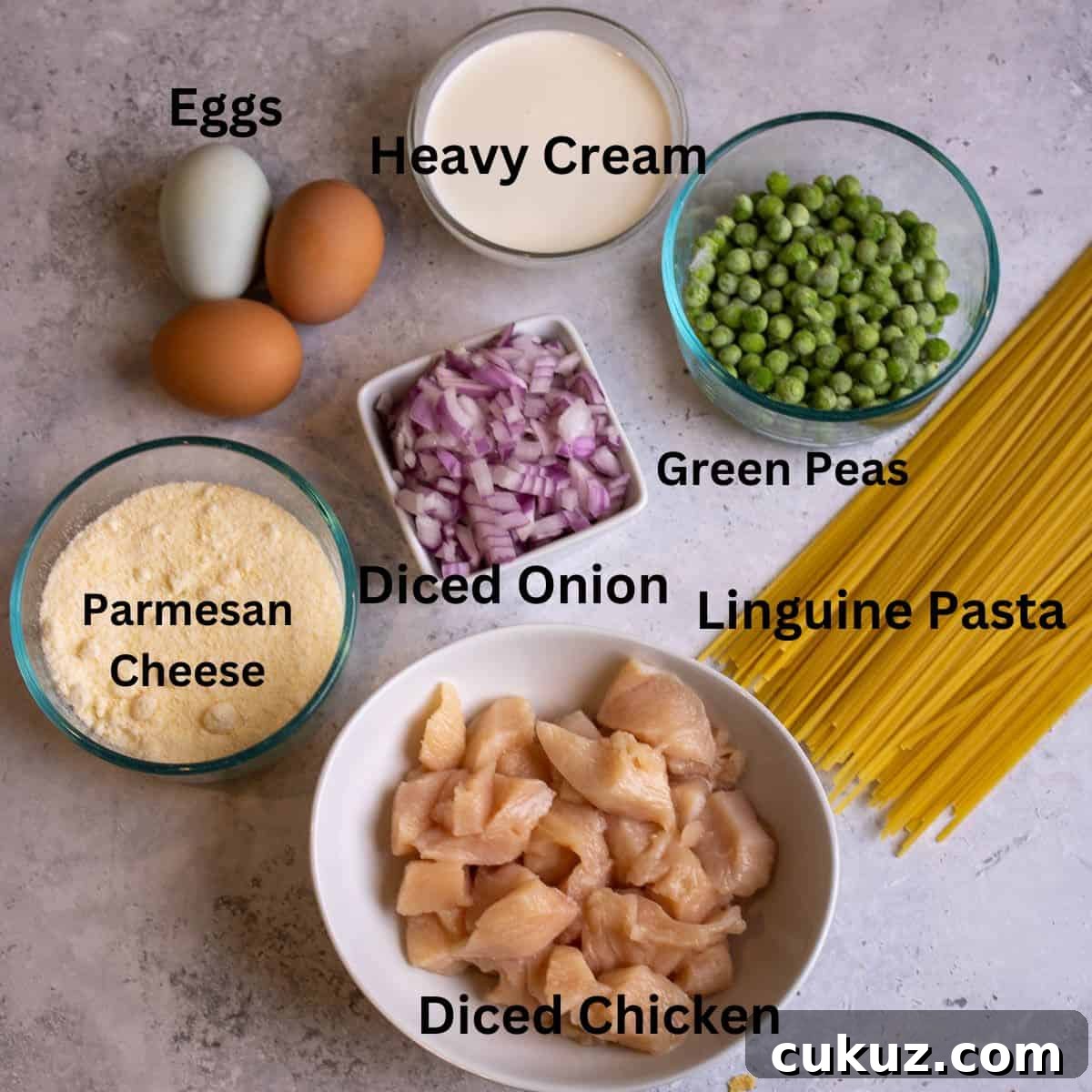 Ingredients laid out for chicken carbonara.