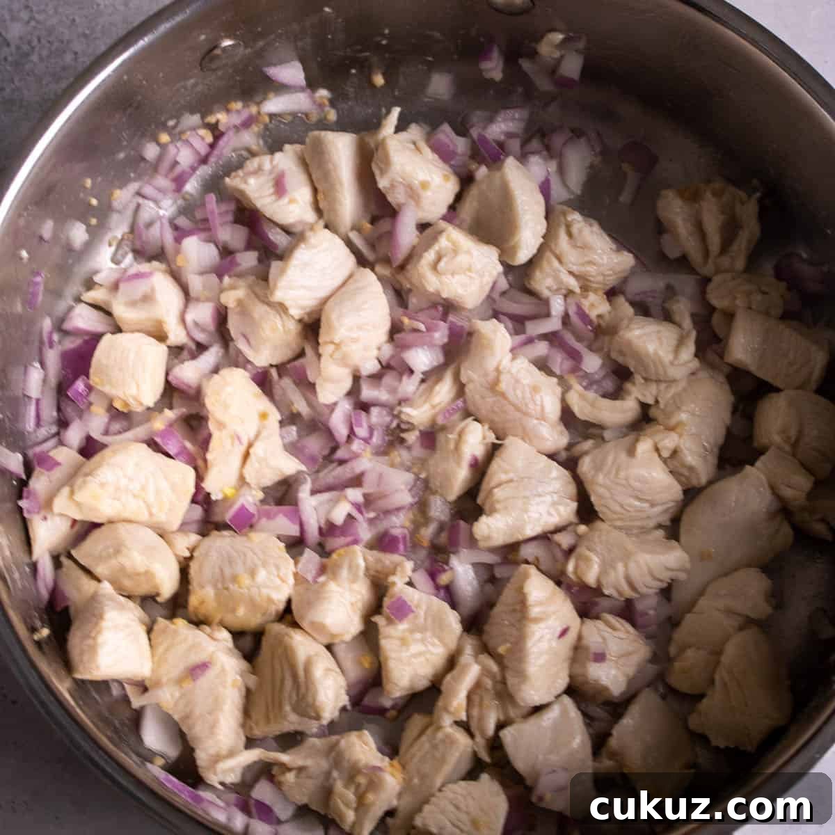 Sautéing the onions and garlic with the chicken.