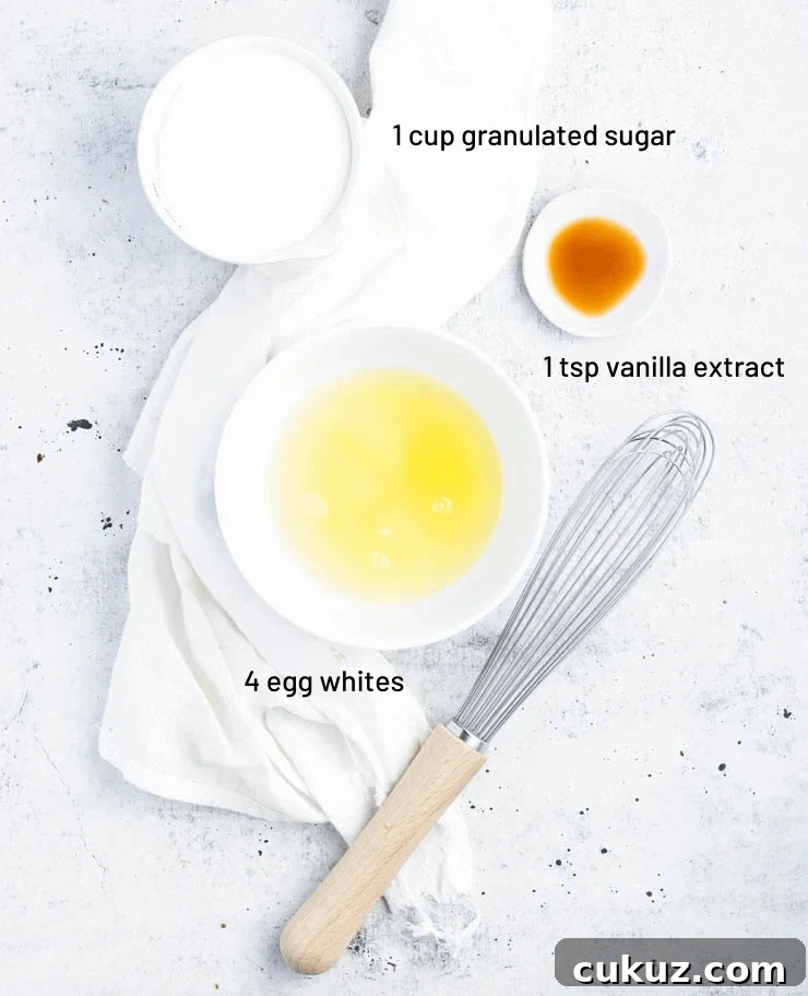 ingredients for meringue with measurements written next to each one