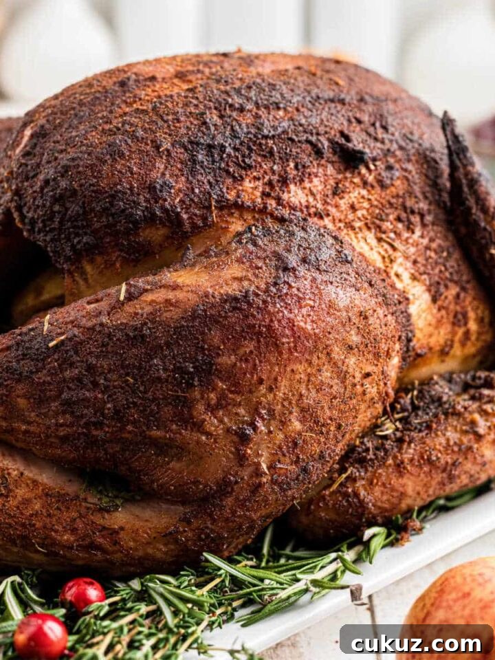 A whole turkey that has been cooked with a smoked turkey injection recipe.