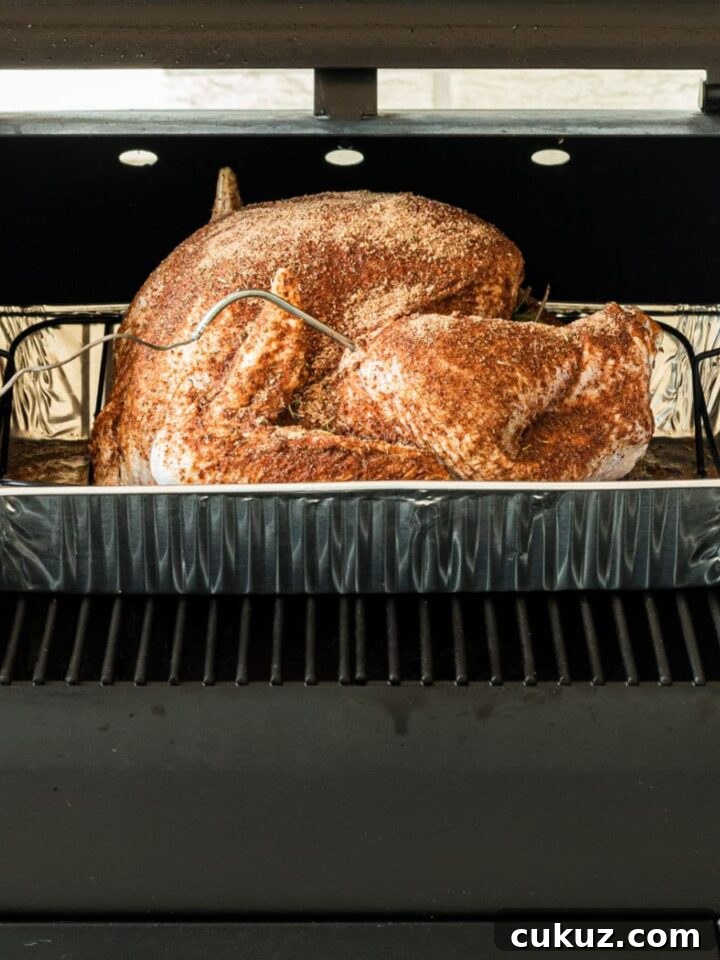 A cropped square image showing a pellet grill smoked turkey.