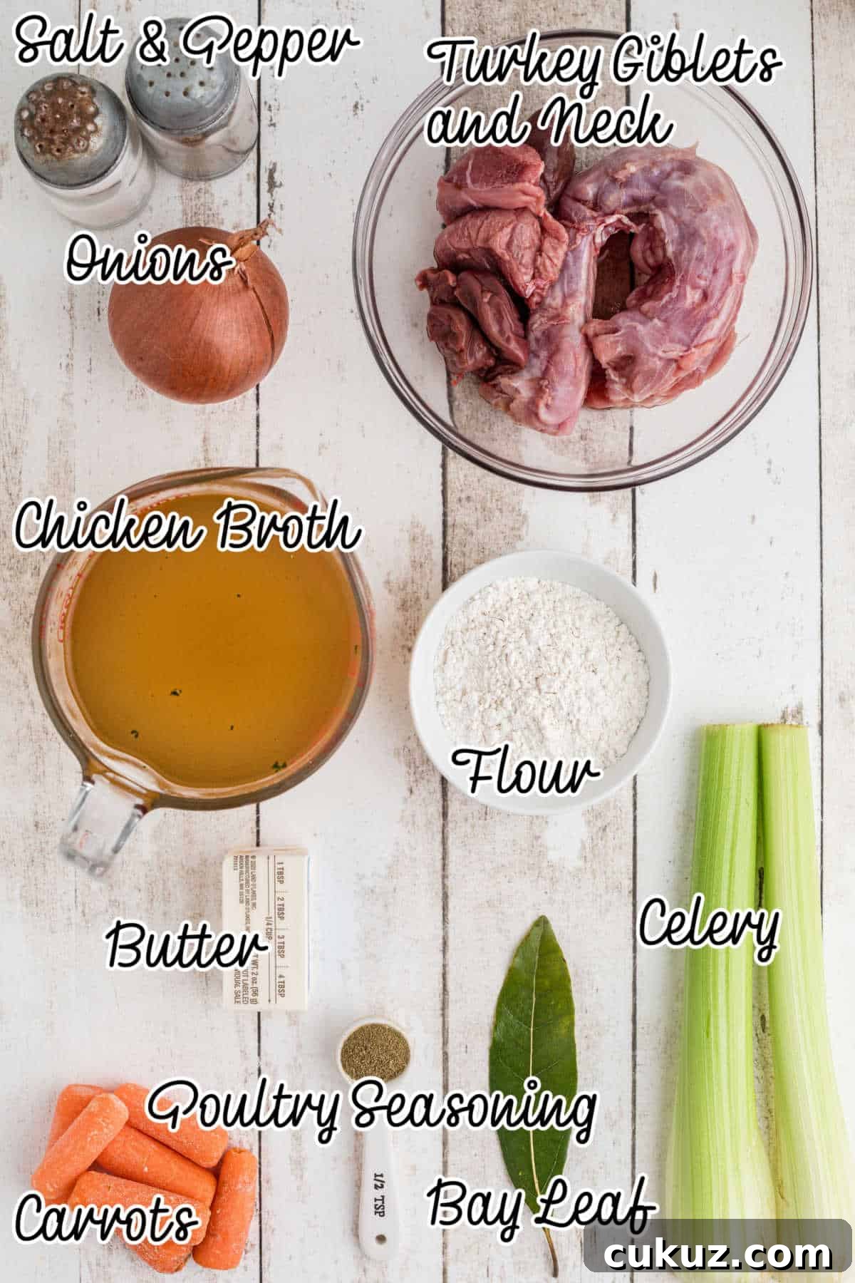 Overhead shot of ingredients needed to make a southern giblet gravy recipe with text overlay.