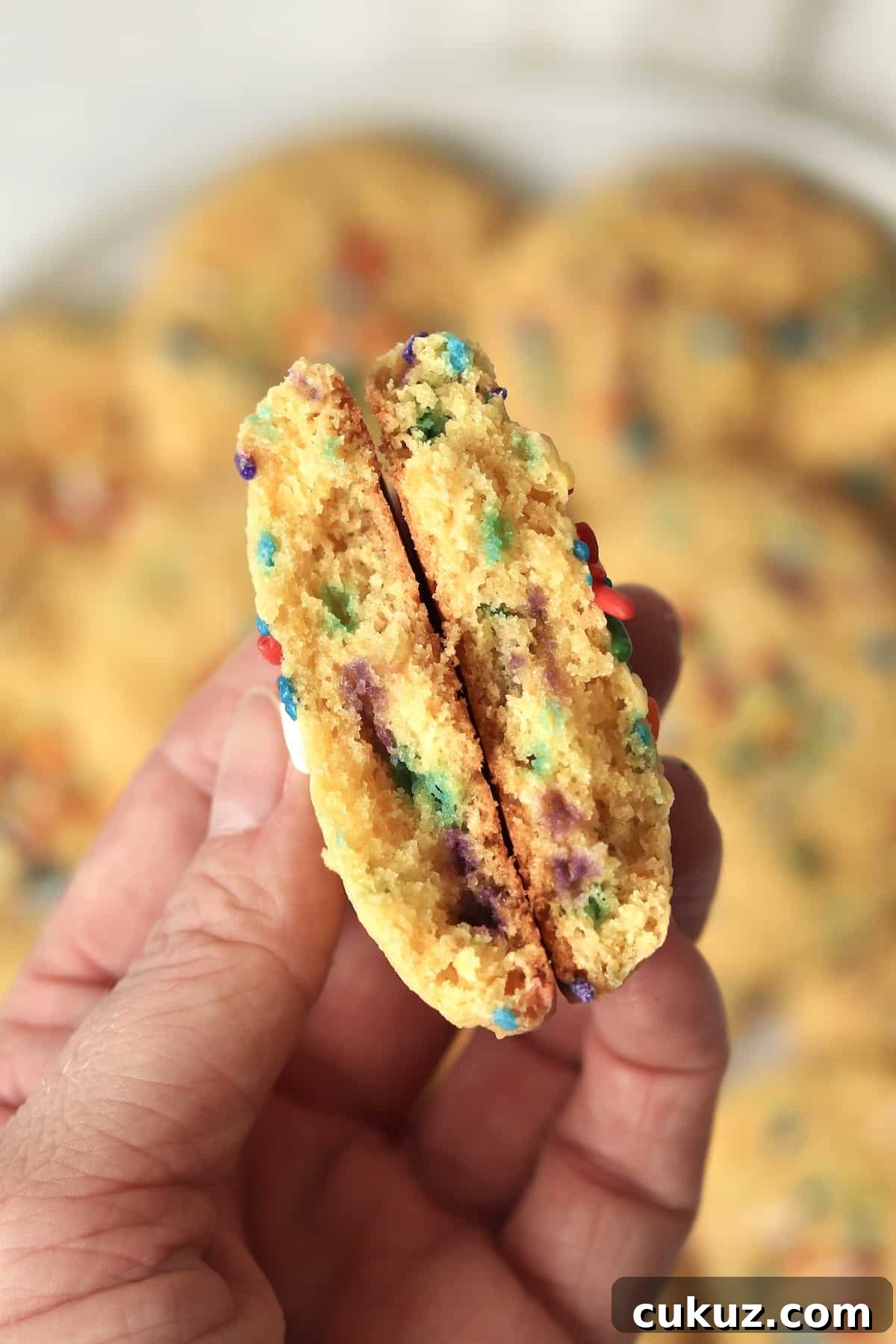 3-Ingredient Funfetti Cake Mix Cookies Recipe 9 Hand holding up a funfetti cake mix cookie that is broken in half to show inside.