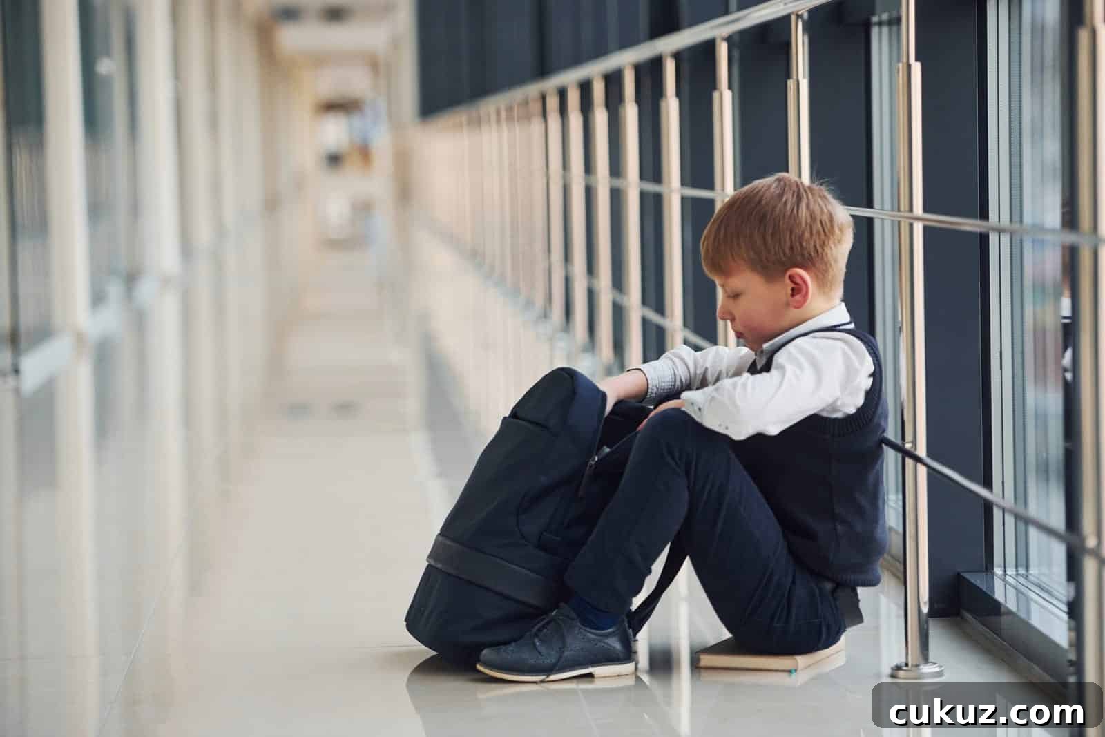 A young boy in a school uniform sits on the floor in a long hallway, looking into his black backpack.
