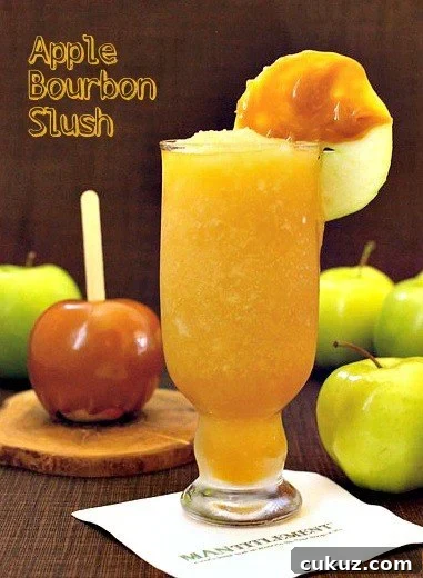 Apple Bourbon Slush is a cold cider and bourbon cocktail blended with ice
