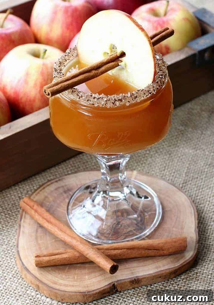 apple cider martini with an apple slice and cinnamon stick for garnish
