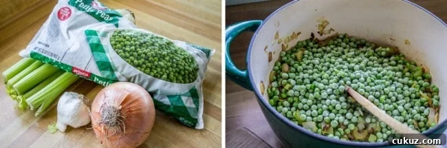 Creamy Frozen Pea Soup Ready in 30 Minutes 6 frozen peas, celery, garlic, and onion; the same ingredients in a cooking pot.