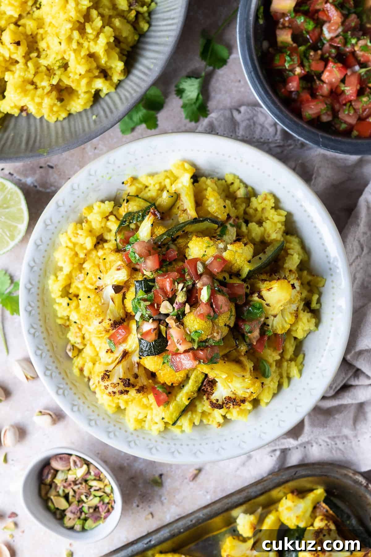 A white bowl of yellow rice topped with spiced roated vegetables and salsa, with a bowl of rice, a bowl of salsa and a tray of roasted vegetables.