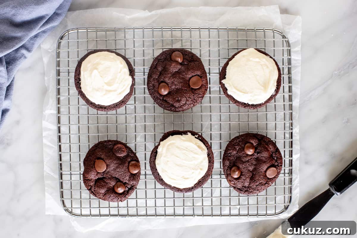 Chocolate cookies on a wire cooling rack with vanilla frosting.