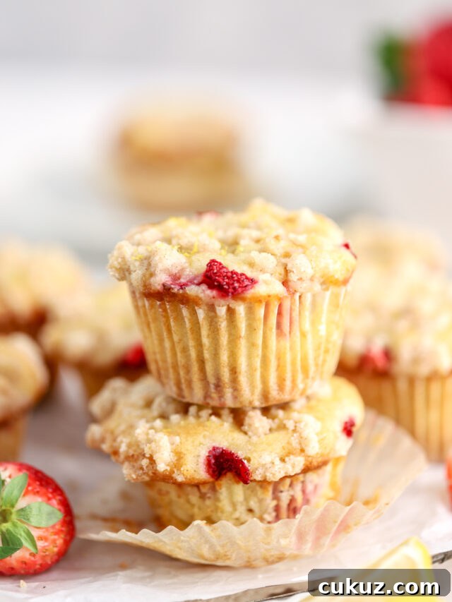 A stack of two strawberry muffins with streusel and a bowl of strawberries.