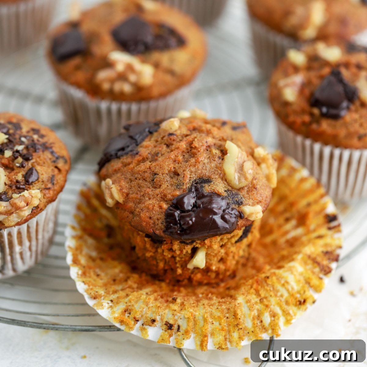 Carrot muffins topped with walnuts and chocolate on a rack.