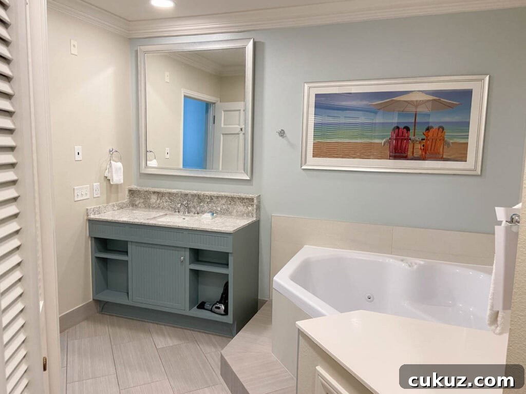 master bathroom with Whirlpool tub and vanity.