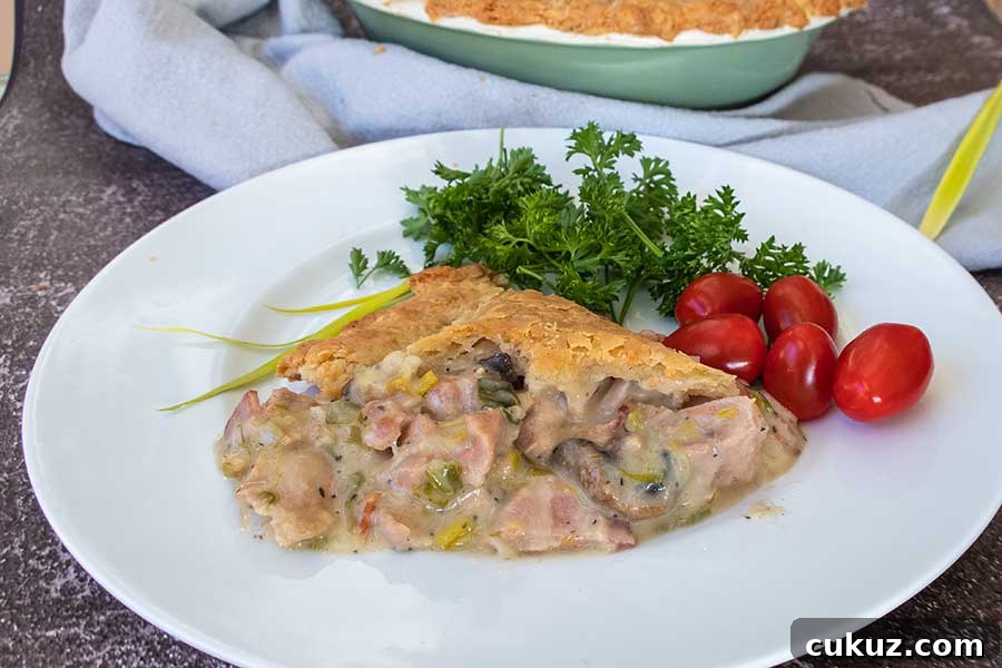 best chicken dinner, slice of mushroom chicken pot pie 