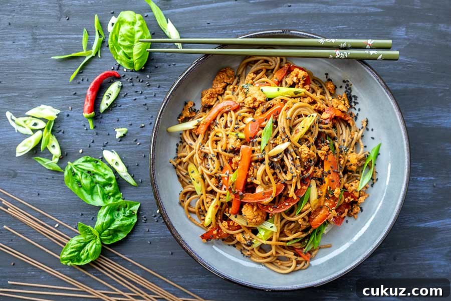 easy chicken dinner, spicy soba noodles with veggies and chicken