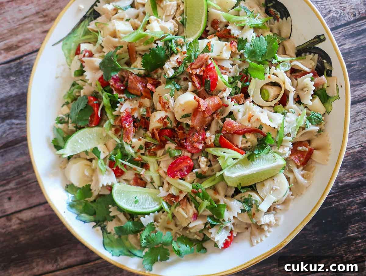 buttermilk chicken pasta salad in a large salad bowl for dinner