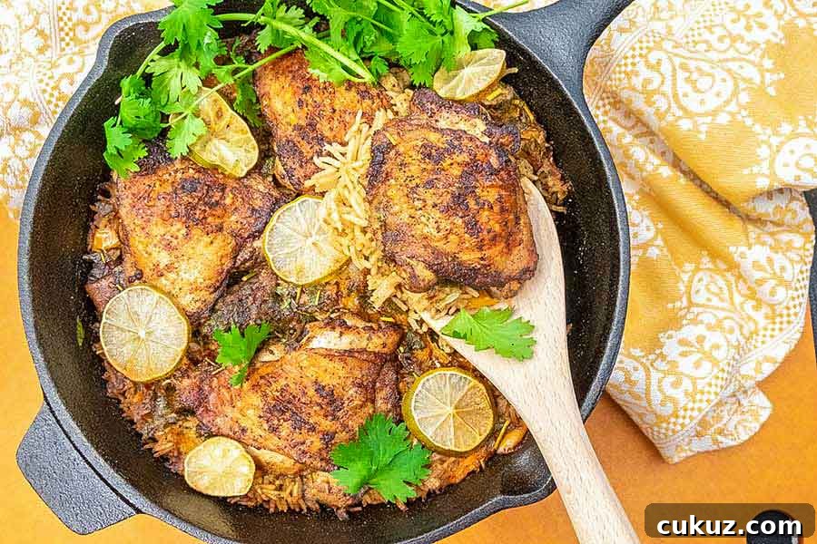 chili lime chicken dinner with rice in a cast iron skillet