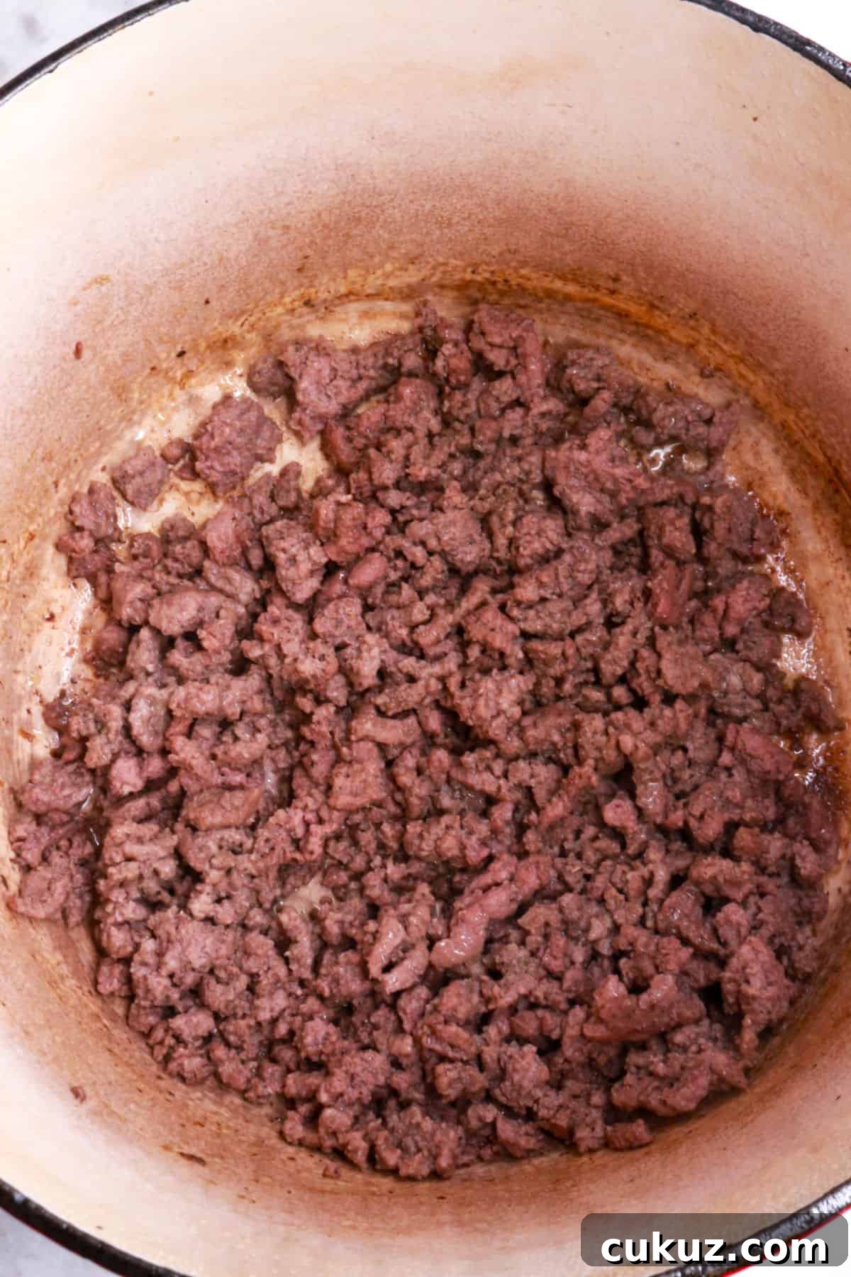Browning ground beef in a Dutch oven