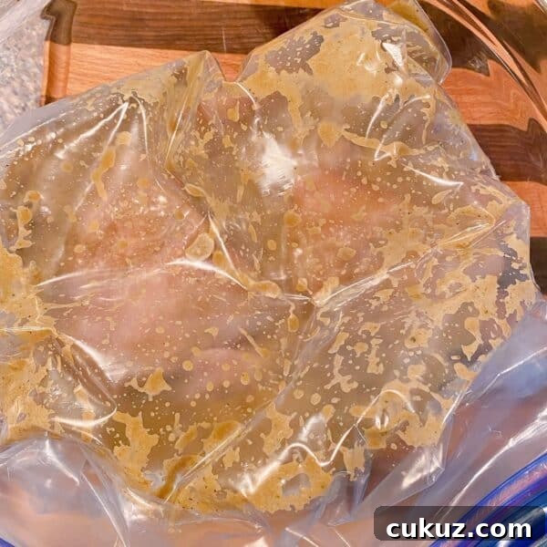Chicken sealed in zip lock bag and in a bowl ready to be placed in the refrigerator.
