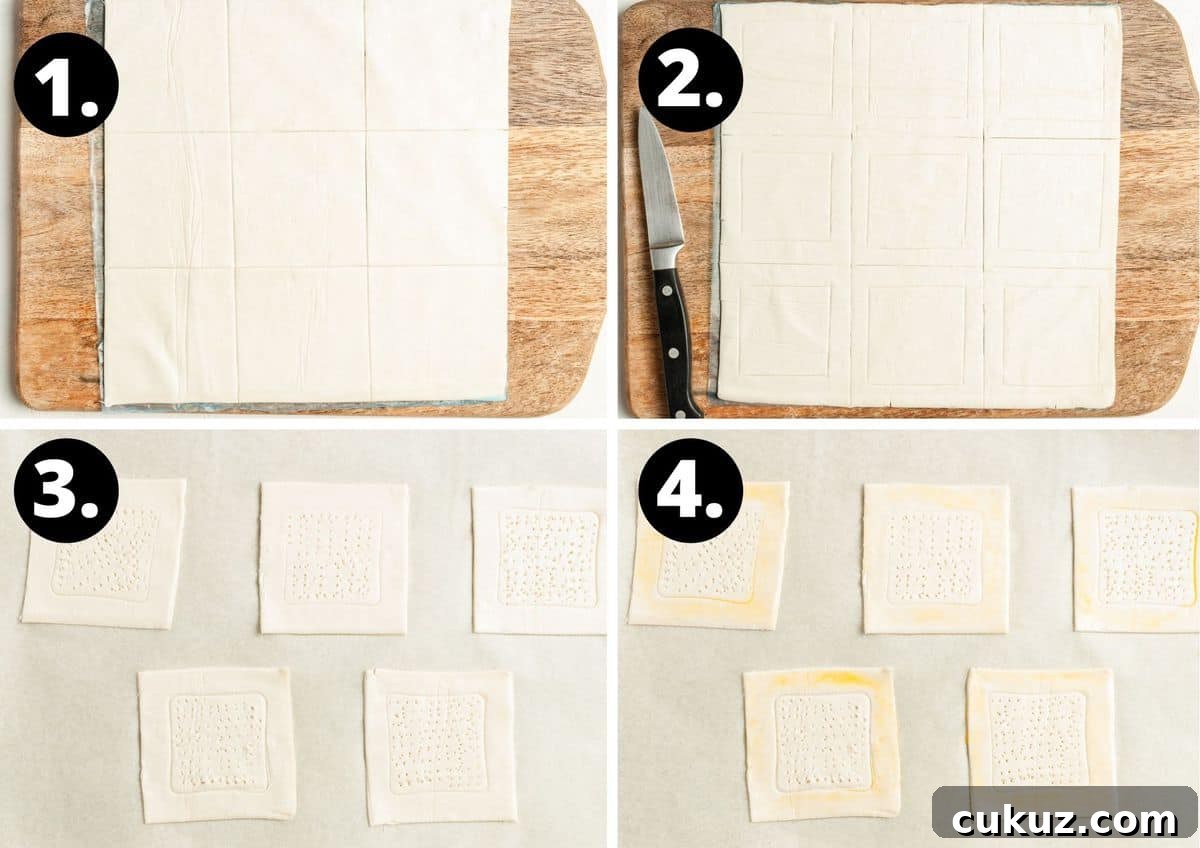 The first four steps to prepare this recipe in a photo collage - cutting the pastry sheet into 9 squares, cutting another square in the middle of each pastry square, scoring the pastry with a fork and brushing the edge of the pastry with beaten egg.
