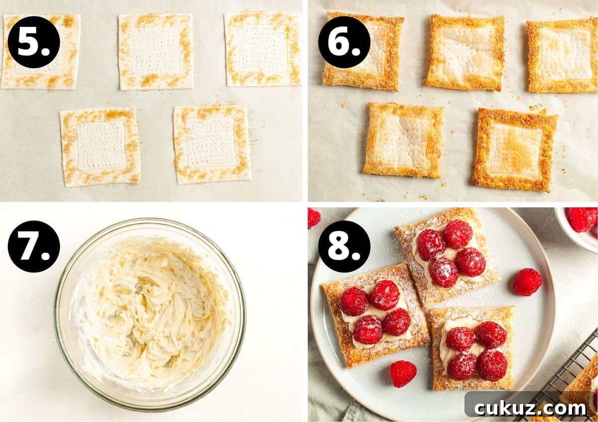 The final four steps to prepare this recipe in a photo collage - the pastry with sugar sprinkled around the edge, the baked pastry, mixing the cream cheese filling and topping the pastry with the cream cheese and raspberries.