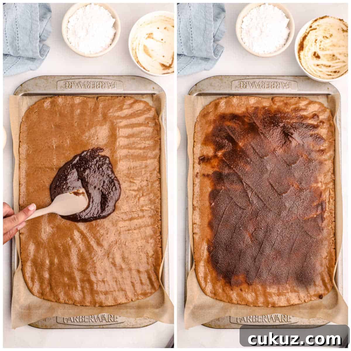 Filling spread out on cinnamon roll cookie dough