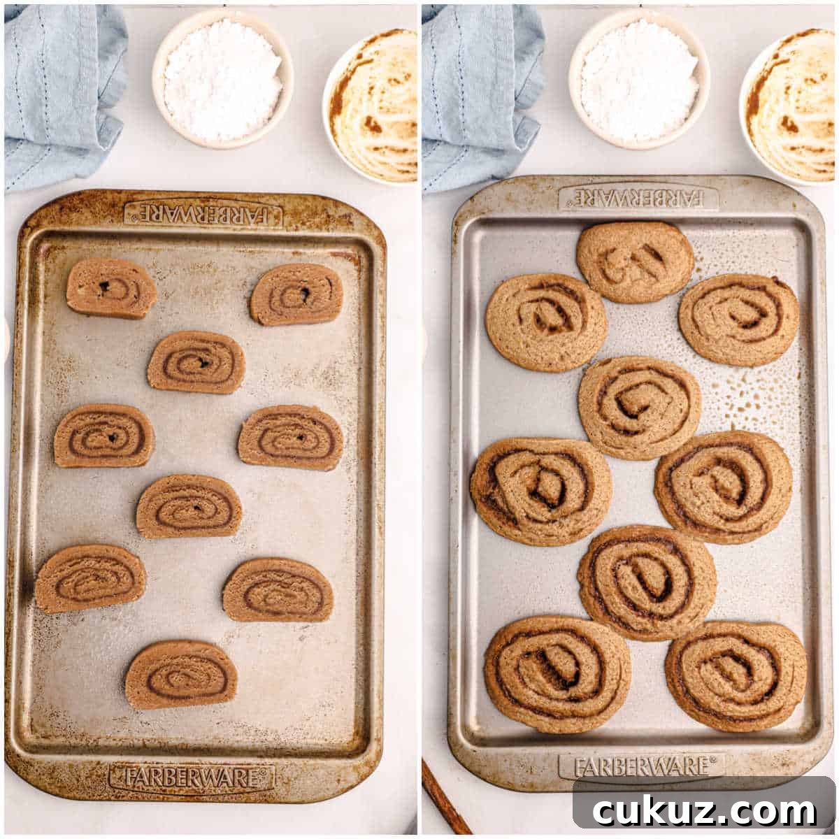 cinnamon roll cookies on a baking sheet, unbaked and baked