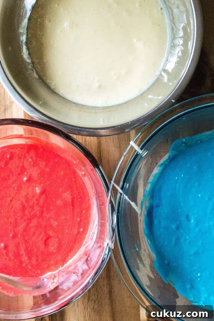 Red White and Blue Patriotic Cupcakes three bowls of batter