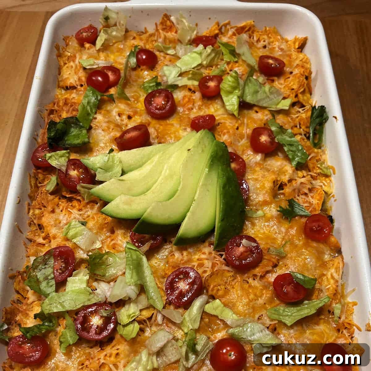 Dorito Casserole with ground beef ready to serve.