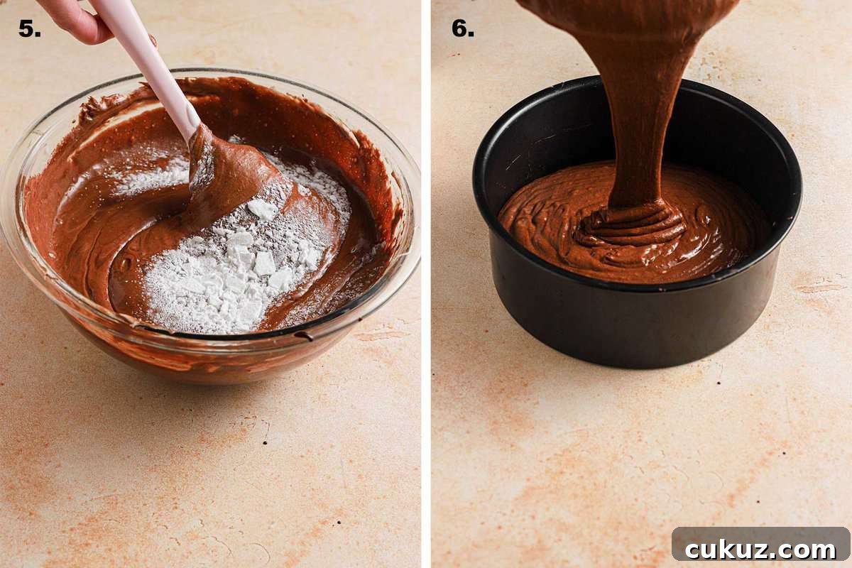 folding potato starch into a cake batter and pour into a pan.