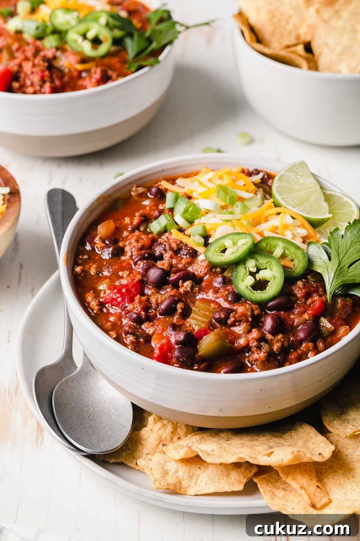 Hearty Beef and Bean Gluten-Free Chili Recipe 2 Gluten-free chili in a large bowl topped with cheese, jalapeño, and green onion.
